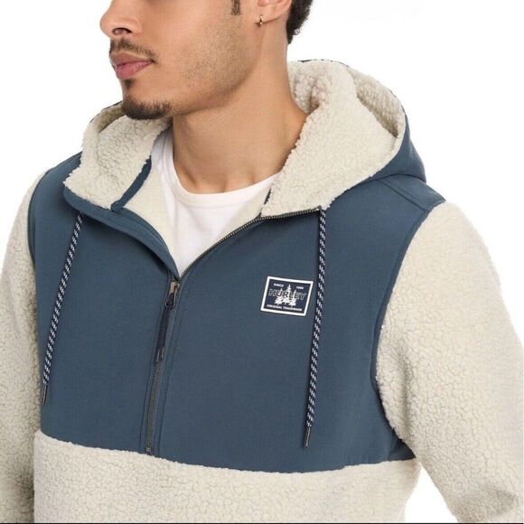 Hurley Half Zip Sherpa Anorak Hoodie Jacket Pullover, Bone/Navy, Size Large - Picture 4 of 13